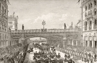 La regina Vittoria che inaugura il Viadotto di Holborn nel 1869, da 