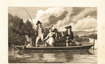 Gentiluomini e signora del periodo Regency che pescano su una barca sul fiume Tamigi