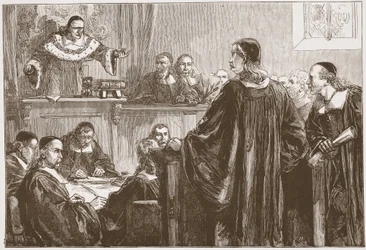 Richard Baxter davanti al giudice Jeffreys, illustrazione da The History of Protestantism di James Aitken Wylie, pub. 1878