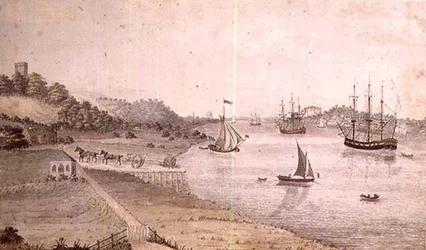 Paesaggio fluviale con navi e la carrozza di Dover, c.1800