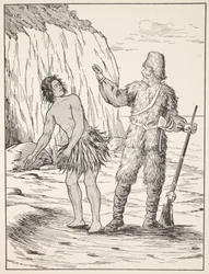 Robinson Crusoe e Venerdì, illustrazione da La storia di Robinson Crusoe: Un adattamento per bambini seguendo il linguaggio di Defoe, pub. da Griffith Farran Browne & Co. Limited, Londra