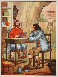 Robinson Crusoe e Venerdì, illustrazione da La storia di Robinson Crusoe: Un adattamento per bambini seguendo il linguaggio di Defoe, pub. da Griffith Farran Browne & Co. Limited, Londra
