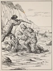 Robinson Crusoe e Venerdì salvano lo spagnolo, illustrazione da La storia di Robinson Crusoe: Un adattamento per bambini seguendo il linguaggio di Defoe, pub. da Griffith Farran Browne & Co. Limited, Londra