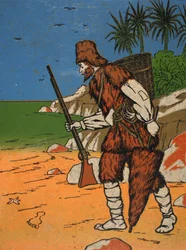 Robinson Crusoe, illustrazione da La storia di Robinson Crusoe: Un adattamento per bambini seguendo il linguaggio di Defoe, pub. da Griffith Farran Browne & Co. Limited, Londra