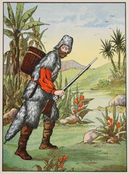 Robinson Crusoe, illustrazione da La storia di Robinson Crusoe: Un adattamento per bambini seguendo il linguaggio di Defoe, pub. da Griffith Farran Browne & Co. Limited, Londra