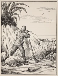 Robinson Crusoe, illustrazione da La storia di Robinson Crusoe: Un adattamento per bambini seguendo il linguaggio di Defoe, pub. da Griffith Farran Browne & Co. Limited, Londra