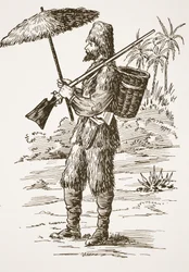 Robinson Crusoe, illustrazione da La storia di Robinson Crusoe: Un adattamento per bambini seguendo il linguaggio di Defoe, pub. da Griffith Farran Browne & Co. Limited, Londra