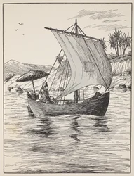 Robinson Crusoe sulla sua barca, illustrazione da La storia di Robinson Crusoe: Un adattamento per bambini seguendo il linguaggio di Defoe, pub. da Griffith Farran Browne & Co. Limited, Londra