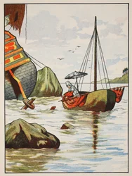 Robinson Crusoe salva un cane da un naufragio spagnolo, illustrazione da La storia di Robinson Crusoe: Un adattamento per bambini seguendo il linguaggio di Defoe, pub. da Griffith Farran Browne & Co. Limited, Londra