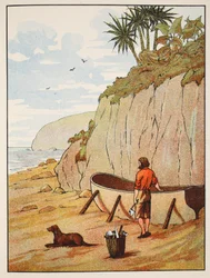 La canoa di Robinson Crusoe, illustrazione da La storia di Robinson Crusoe: Un adattamento per bambini seguendo il linguaggio di Defoe, pub. da Griffith Farran Browne & Co. Limited, Londra