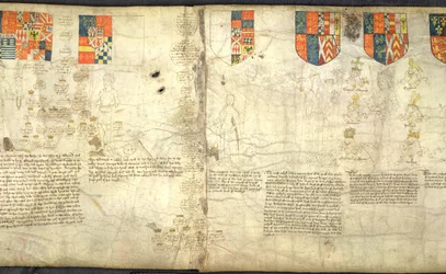 Rous Roll, f. 7cr: Da sinistra a destra: Edoardo, Conte di Warwick (figlio di Giorgio, Duca di Clarence); Margherita (figlia di Giorgio, Duca di Clarence); Anna Neville (figlia di Riccardo Neville e moglie di Riccardo III); Riccardo III