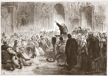 Roussel che predica al Louvre, illustrazione da La storia del protestantesimo di James Aitken Wylie (1808-1890), pub. 1878