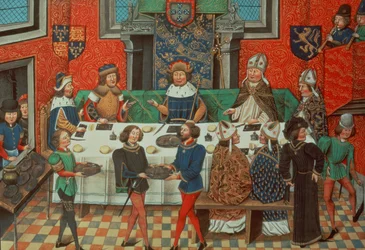 Roy 14 E IV f.244v, Il duca di Lancaster cena con il re del Portogallo, dal vol. III «Dall