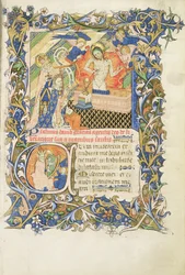 Figura incoronata sostenuta da un santo con barba grigia inginocchiato davanti a un