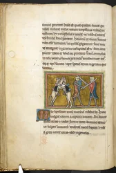Due cavalieri che combattono a piedi con spade, mentre i loro cavalli combattono tra loro sulle zampe posteriori, da Bestiario, Lapidario, 2° quarto del XIII secolo (pergamena)