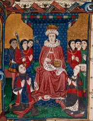 Re Edoardo IV circondato da cortigiani con Sir William Herbert e sua moglie, Anne Devereux, che indossano abiti decorati con i loro stemmi, inginocchiati davanti a lui (libro 1)