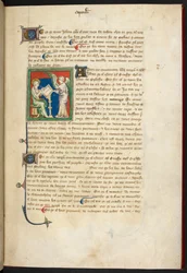Giovanni seduto, scrivendo; un angelo sta dietro la sua scrivania, dal 