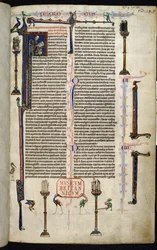Royal 1 D I, f.1r, Girolamo, frati su colonne, dalla Bibbia di William of Devon (pergamena)