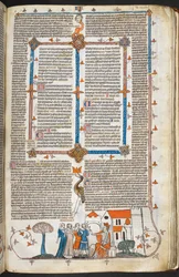 Re che difende il suo palazzo e decorazione marginale, illustrazione dalle 
