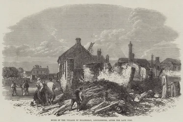 Rovine del villaggio di Billinghay, Lincolnshire, dopo il recente incendio (incisione)