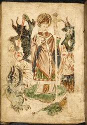 San Patrizio, in costume da vescovo, che tiene un crocifisso e fa un gesto di benedizione, si trova sull
