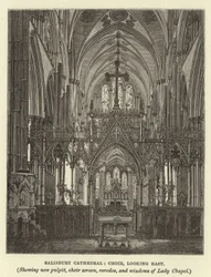 Cattedrale di Salisbury, coro, vista verso est, con nuovo pulpito, schermo del coro, reredos e finestre della Cappella della Madonna
