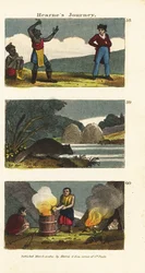 Samuel Hearne che osserva un fachiro nativo americano, castoro nordamericano, Castor canadensis e indiani che bollono acqua in una botte di legno con pietre calde