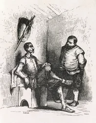 Sancho: Farei un raro padrone di casa, illustrazione da Atto II, scena I di Don Chisciotte in Inghilterra. Una Commedia, inciso da P. Soyer
