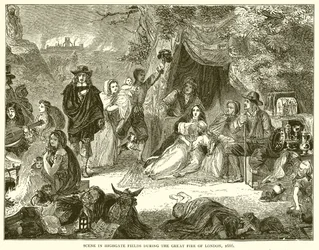 Scena nei campi di Highgate durante il grande incendio di Londra, 1666