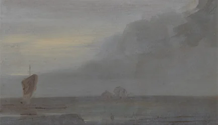 Paesaggio marino con barche: sera, precedentemente attribuito a J.M.W. Turner (1775-1851) e anche attribuito a Peter de Wint (1784-1849), 1810-20