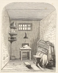 Cella separata nella parte vecchia della prigione di Brixton, illustrazione da The Criminal Prisons of London and Scenes from Prison Life di Henry Mayhew e John Binny, pub. 1862