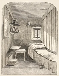 Cella da letto separata in una delle nuove ali della prigione femminile di Brixton, illustrazione da The Criminal Prisons of London and Scenes from Prison Life di Henry Mayhew e John Binny, pub