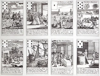 Set di carte da gioco che raffigurano scene satiriche di imprese commerciali e investimenti attuali, c.1720