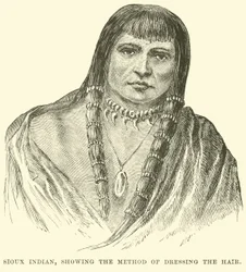 Indiano Sioux, che mostra il metodo di acconciatura dei capelli
