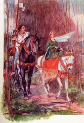 Sir Lancillotto e la Regina Ginevra. Illustrazione colorata dal libro The Gateway to Tennyson pubblicato nel 1910