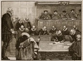Sir Walter Raleigh davanti ai giudici, illustrazione da Cassells Illustrated History of England