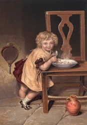 Bambino sorridente che mangia un pasto su una sedia (litografia a colori)