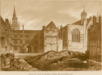 Vista sud-est della Cappella della Guildhall e Blackwell Hall, Londra