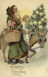 San Nicola e Gesù Cristo, con albero di Natale e regali