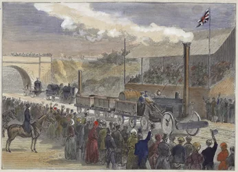 La Rocket di Stephenson arriva prima alla competizione di locomotive a Rainhill nel 1829