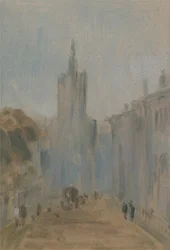 Strada con chiesa e figure precedentemente attribuito a J.M.W. Turner (1775-1851) e anche attribuito a Peter de Wint (1784-1849), 1822-25