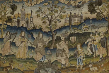 Ricamo con scena di cinque musicisti in giardino con albero, metà del XVII secolo (tessuto)
