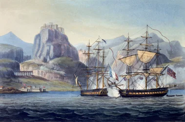 La cattura del Var da parte della HMS Belle Poule al largo di Corfù, 1809, da The Naval Chronology of Great Britain di J. Ralfe