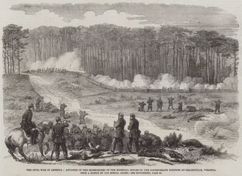 La guerra civile in America, avanzata degli schermagliatori dei Bucktail Rifles sulla posizione confederata a Drainsville, Virginia (incisione)