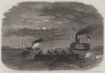 La guerra civile in America, taglio di una galleria di dispacci confederati sul Potomac vicino a Freestone Point (incisione)