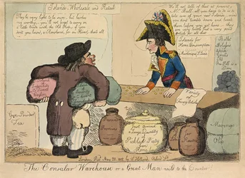 Il Magazzino Consolare o un Grande Uomo inchiodato al Banco, pub. 1802 (incisione colorata a mano)