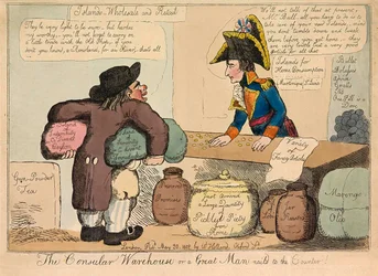 Il magazzino consolare o un grande uomo inchiodato al bancone, pub. 1802 incisione colorata a mano