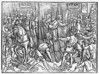 La morte e il rogo dei più costanti martiri di Cristo, i dottori Robert Barns, Thomas Garret e William Hierome, a Smithfield nel 1541, da 