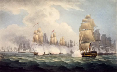 La sconfitta dei francesi sotto Linois da parte dello squadrone del commodoro Dance, 15 febbraio 1804, da The Naval Chronology of Great Britain di J. Ralfe