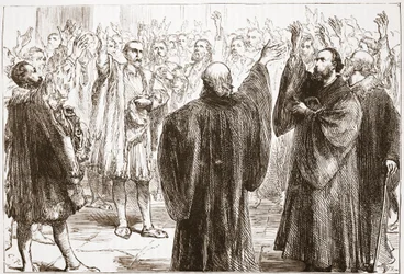 I ginevrini giurano la loro rinuncia al cattolicesimo, illustrazione da La storia del protestantesimo di James Aitken Wylie (1808-1890), pub. 1878
